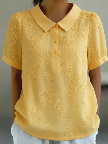 Vintage Peter Pan Collar Floral Embroidery Cotton Shirt