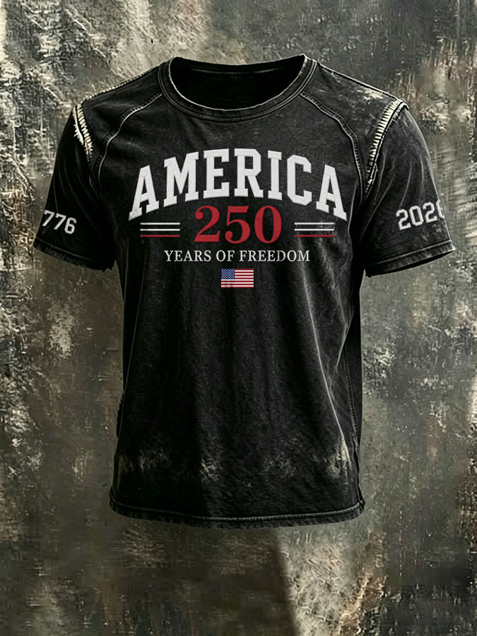 Men'S 250th Anniversary  Casual Washed Cotton And Linen Raglan Short Sleeved T-Shirt
