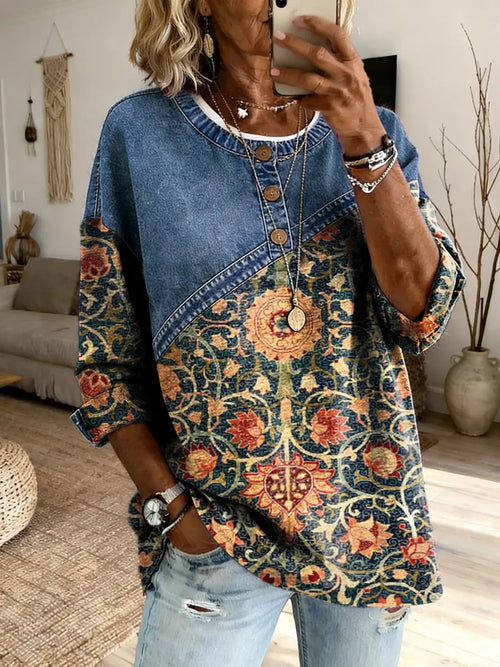 Women's Ethnic Floral Print Round Neck Button-Down Denim Patchwork Top