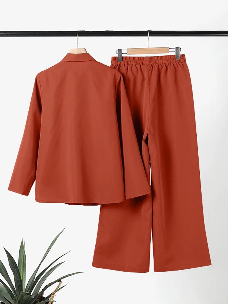 Women's Solid Color Casual Loose Long Sleeve Shirt Wide Leg Pants Two-piece Suit