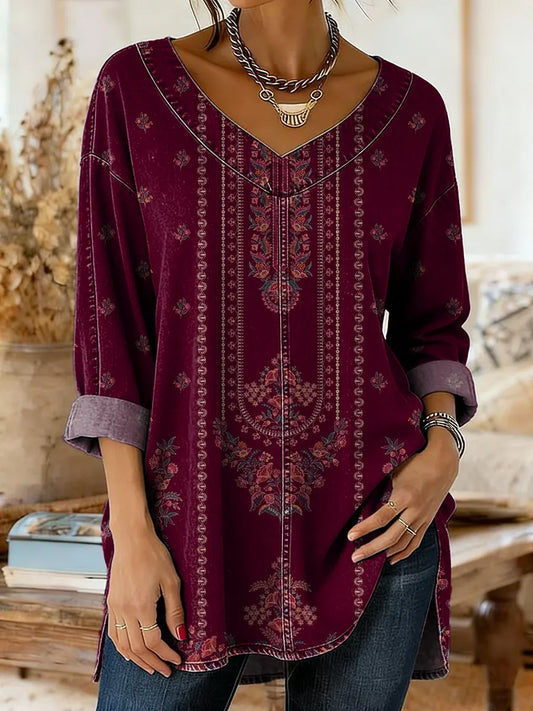 Women's Ethnic Bohemian Floral Art Print Casual Washed Denim Cotton Top
