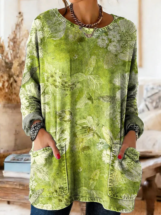 Womens Vintage Ethnic Green Floral Art Print Casual Round Neck Pocket Denim Shirt