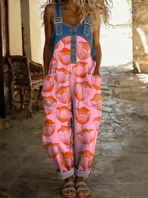 Women's Retro Colorful Floral Art Print Casual Denim Patchwork Jumpsuit