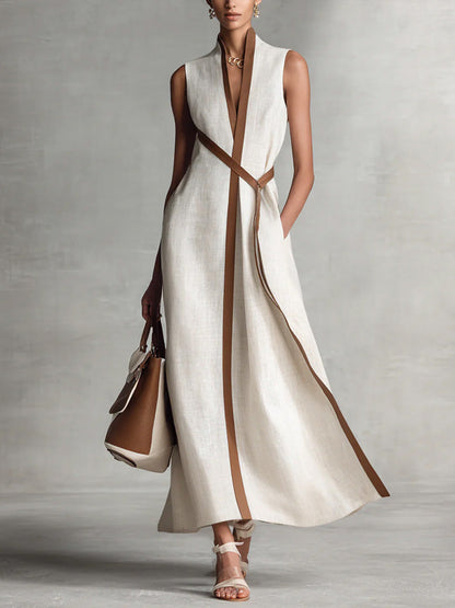Women's Stand-up Collar Sleeveless Casual Loose Cotton And Linen Dress