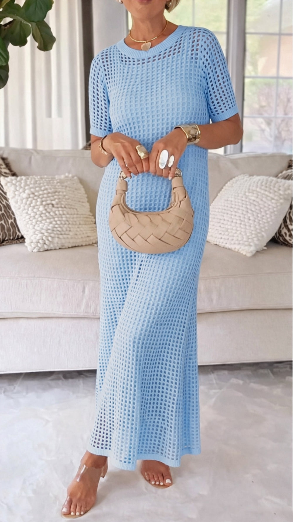 Elegant Open-Knit Cover-Up Maxi Dress Two-Piece Set