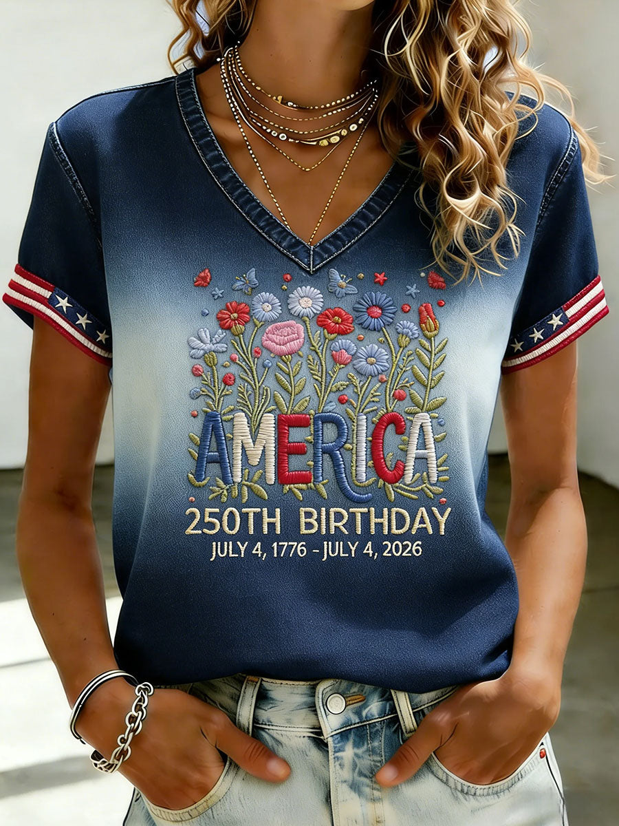 Women's Independence Day 250th Anniversary Printed V-neck T-shirt
