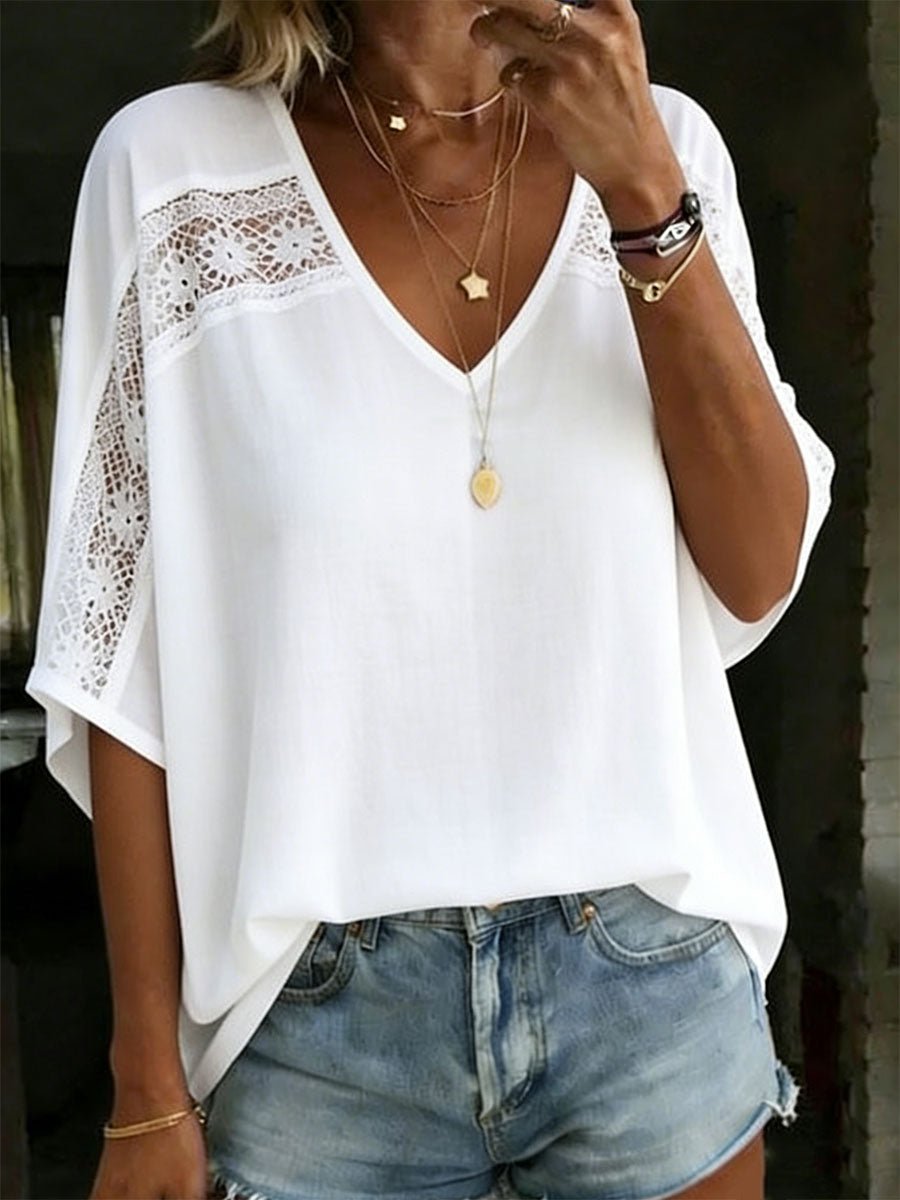 Women's Hollow-out V-neck 100% Cotton Short-sleeved Shirt