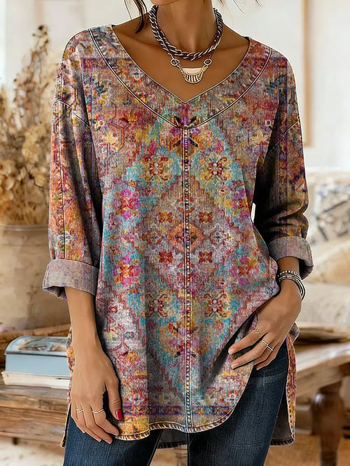 Women's Bohemian Ethnic Totem Pattern Art Print Casual Washed Denim Cotton Top