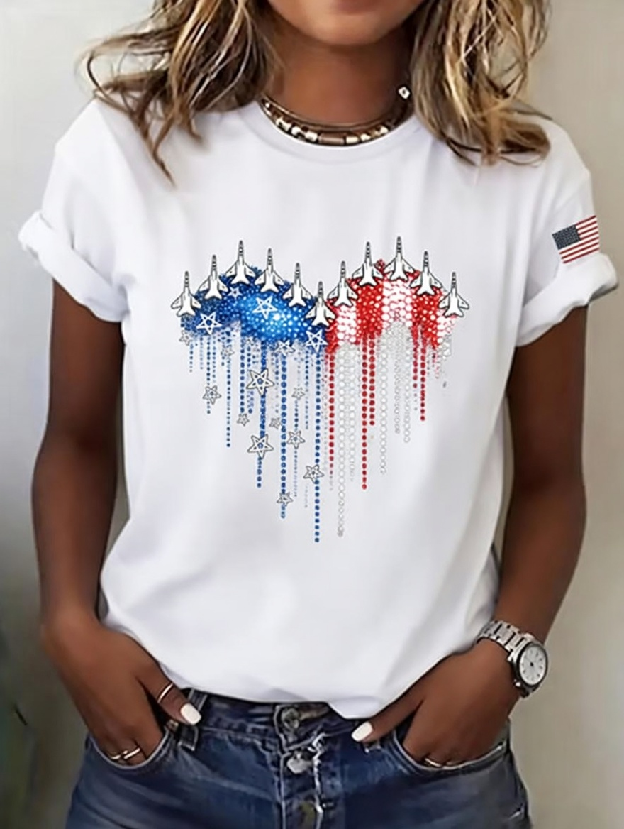 Women's casual round neck Patriot printed T-shirt