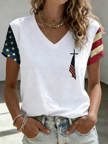 Women's retro flag cross print V-neck short sleeved T-shirt