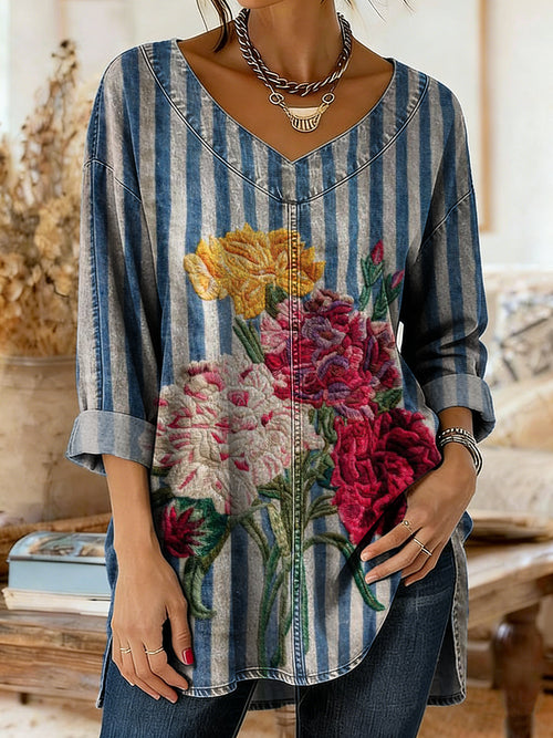 Women's Retro Floral Striped Art Print Casual V-neck Washed Cotton Denim Top