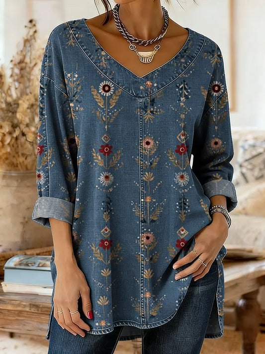 Women's Denim-colored Patchwork Pattern Art Print Casual Washed Denim Cotton Shirt