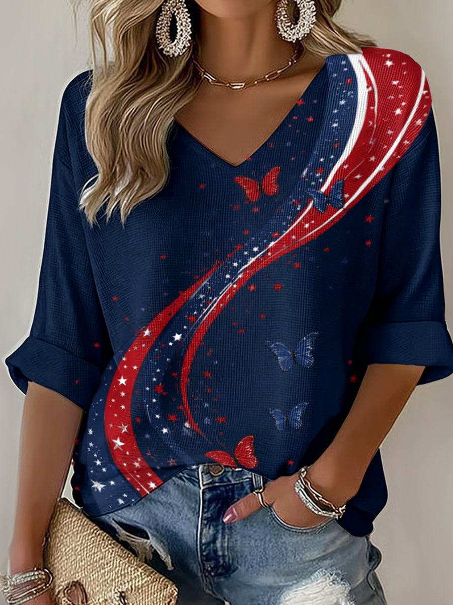 Women's American Flag Printed Casual Waffle Long Sleeve T-shirt