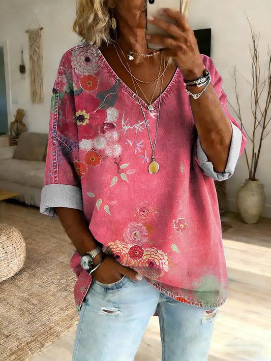 Women's Hippie Peace Heart Art Print Cotton Denim V-Neck Top