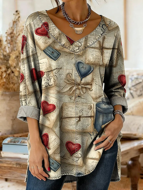 Women's Heart-patterned Envelope Art Print Washed Denim Cotton Shirt