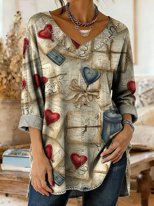 Women's Heart-patterned Envelope Art Print Washed Denim Cotton Shirt