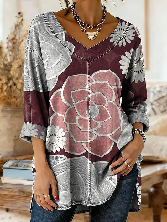 Ethnicity Flowers Geometry Women's Art Print Casual Washed Denim Cotton Top