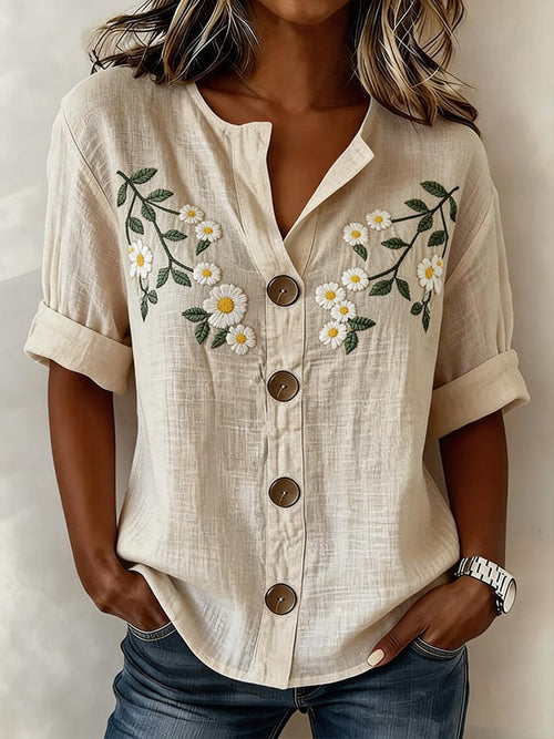 Women's Casual Embroidered Short-Sleeve Cotton-Linen Top