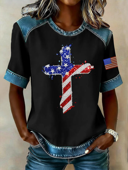 Women's casual retro American patriotic faith T-shirt