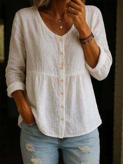 Women's Linen Cotton Blend Shirt - 3/4 Sleeve Crew Neck Loose Hip-Length Casual Blouse