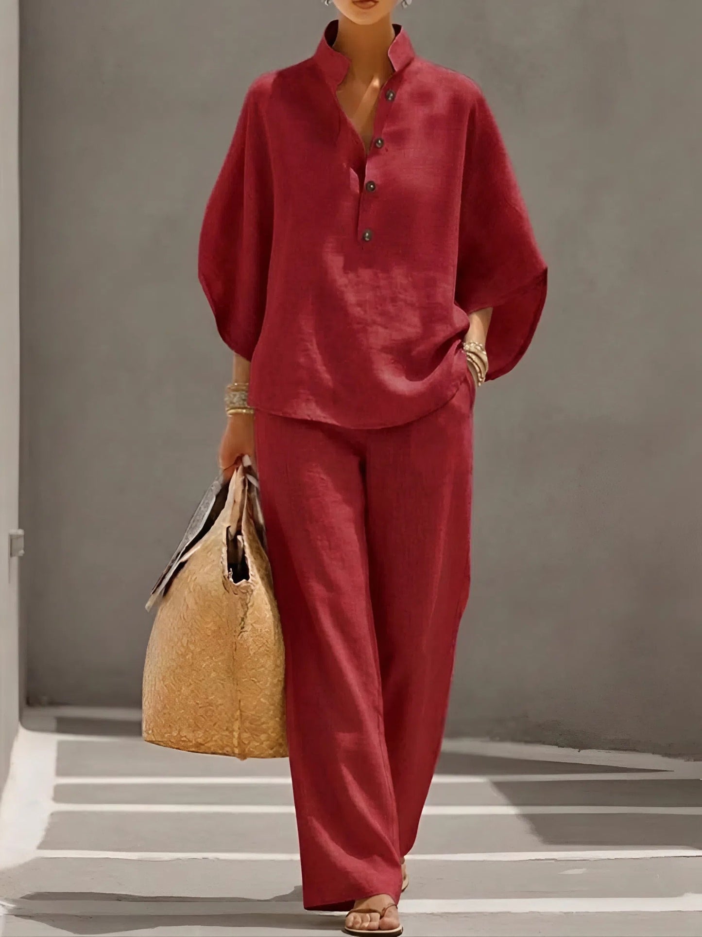 New Arrivals🔥Women’s Batwing Sleeve Linen Cotton Two-Piece Set – Casual Shirt & Wide Leg Pants Outfit