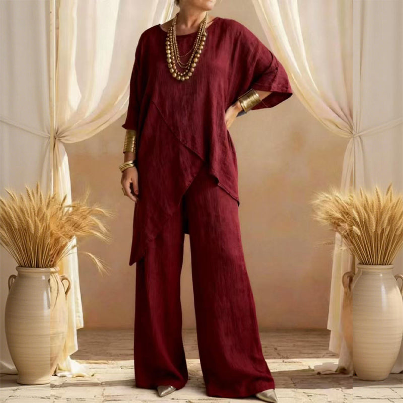 💎 55% OFF! 💎 Women's Two-Piece Loose Fit Outfit – Asymmetrical Top + Wide-Leg Pants, Lightweight & Wrinkle-Resistant 🌸🌿