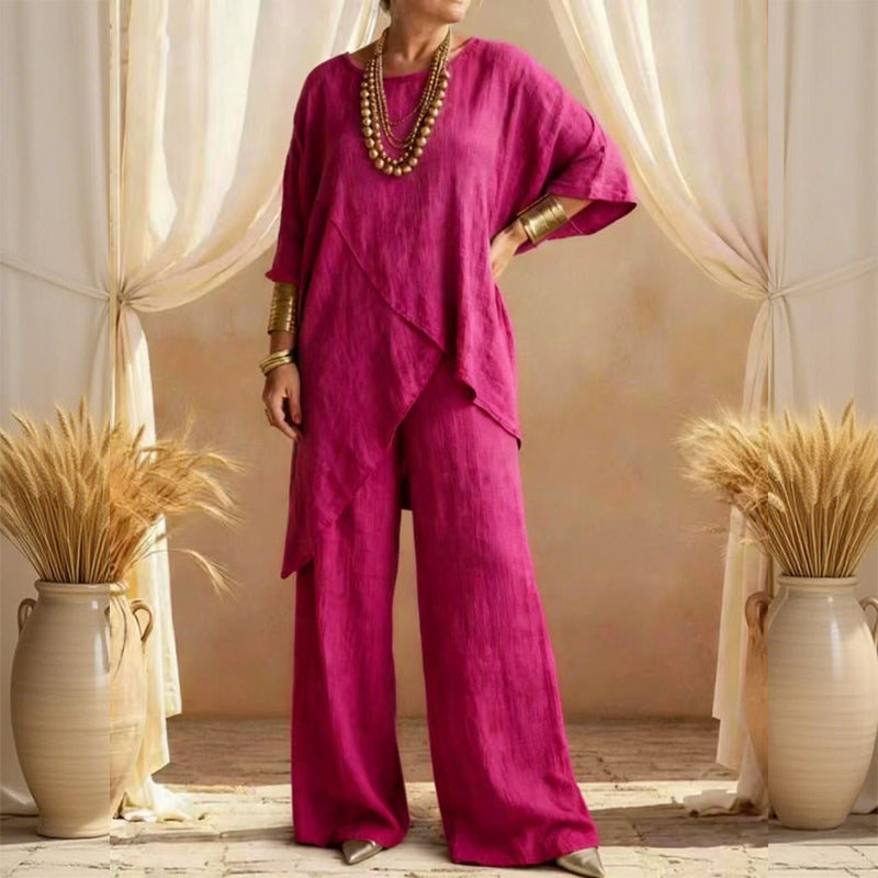 💎 55% OFF! 💎 Women's Two-Piece Loose Fit Outfit – Asymmetrical Top + Wide-Leg Pants, Lightweight & Wrinkle-Resistant 🌸🌿
