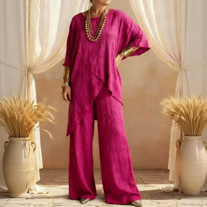 💎 55% OFF! 💎 Women's Two-Piece Loose Fit Outfit – Asymmetrical Top + Wide-Leg Pants, Lightweight & Wrinkle-Resistant 🌸🌿
