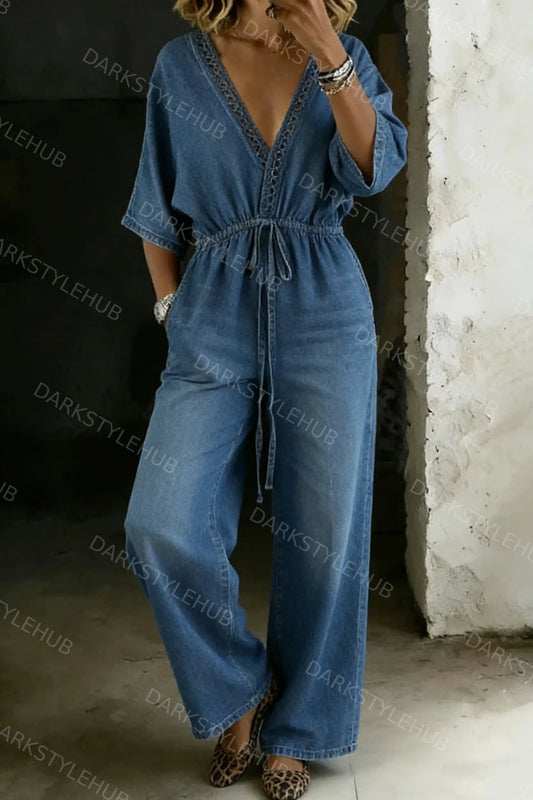 Women's Casual V-neck Loose-fitting Drawstring Waist Denim Jumpsuit