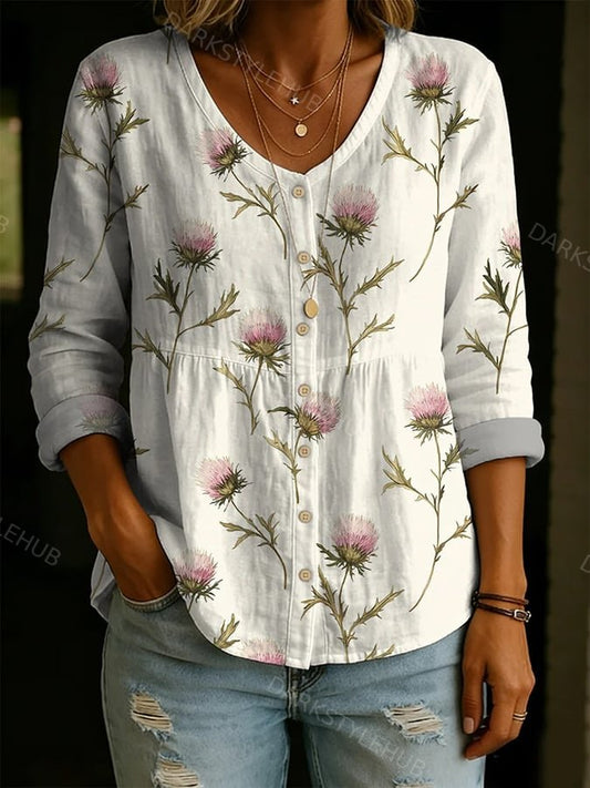 Women's Elegant Floral Decorative Pattern Linen And Cotton Shirt