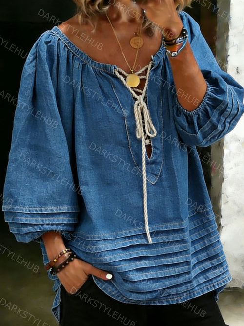Women's Casual Stylish Long Sleeve Denim Blouse Top
