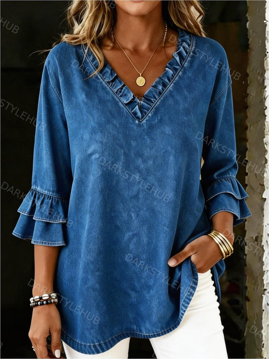 Women's Casual Ruffled Washed Cotton Denim Top