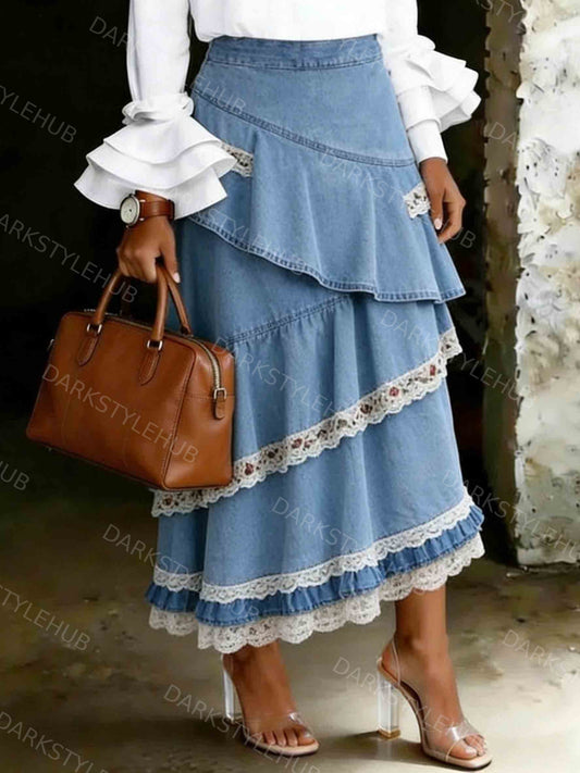 Women's Retro Multi-layer Asymmetrical Denim Ruffle Skirt