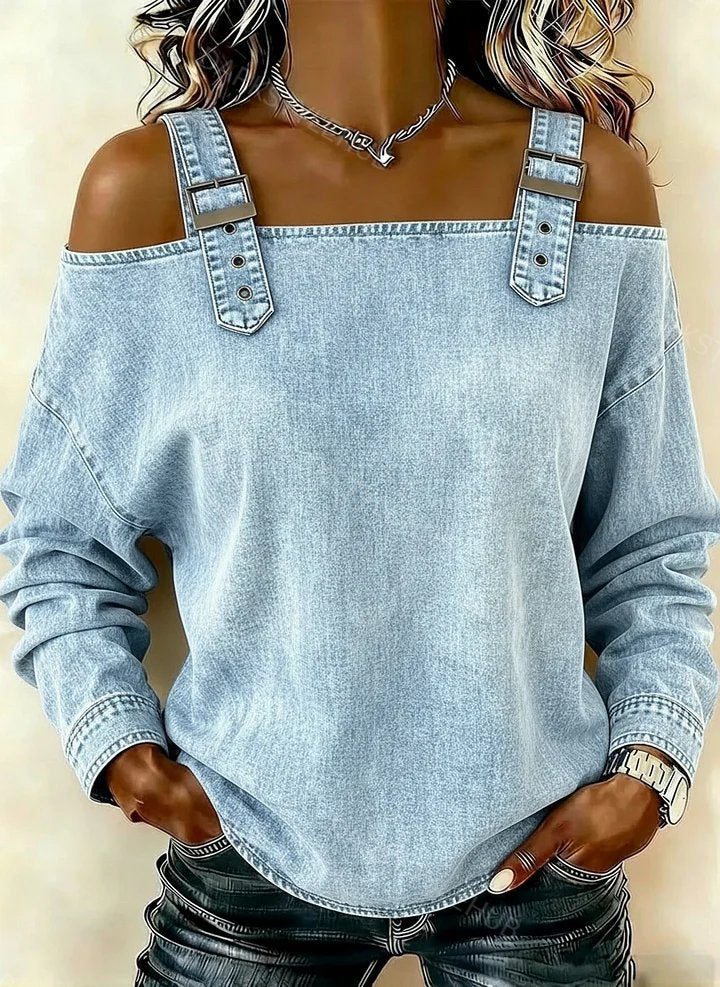 Women‘s Retro Off-the-shoulder Button-down Denim Long-sleeved Top