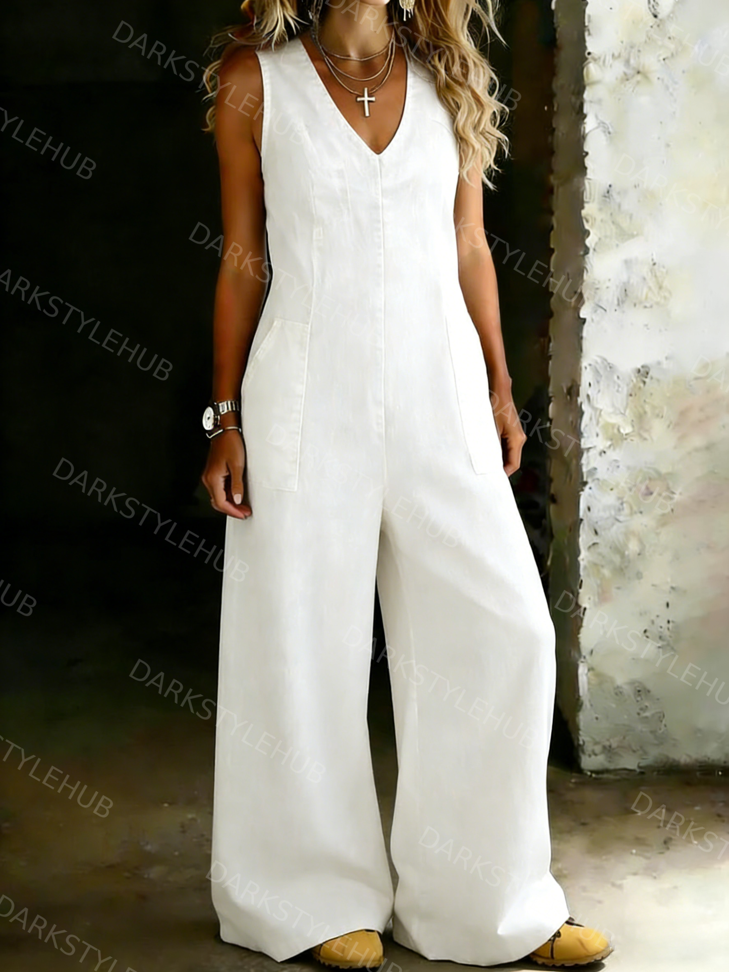 Women's Retro Sleeveless V-neck Wide-leg Denim Jumpsuit