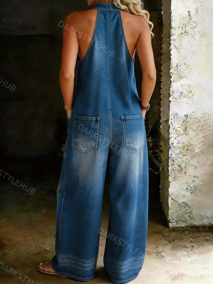 Women's Casual Loose Halter Neck Denim Jumpsuit with Hidden Zipper