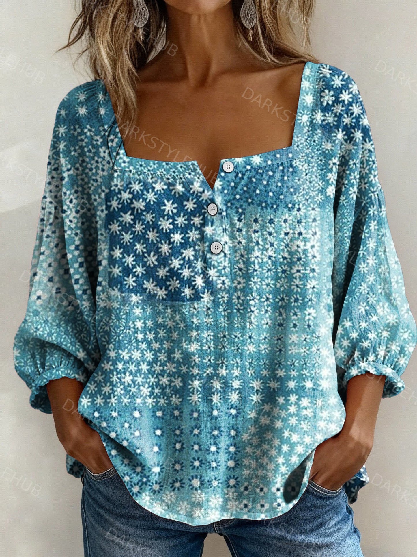Women's Vintage Print Casual Cotton Linen Shirt