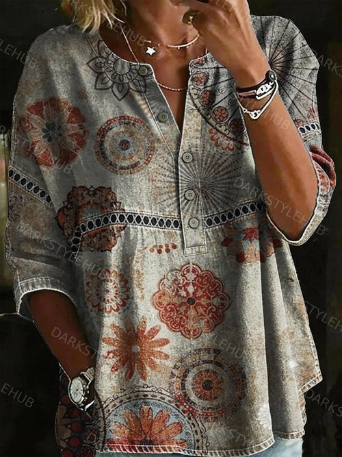 Women's Vintage Floral Print Casual Loose Denim Henley Shirt