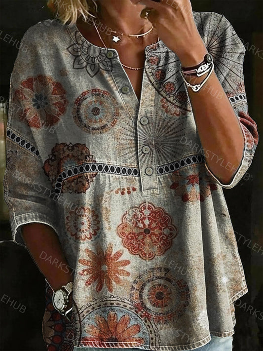 Women's Vintage Floral Print Casual Loose Denim Henley Shirt