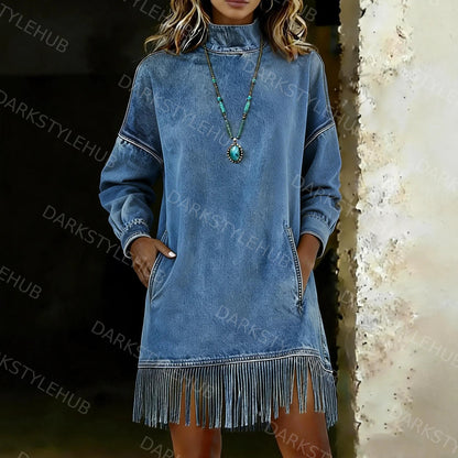 Women's Casual Long-Sleeved High-Neck H-Line Denim Dress