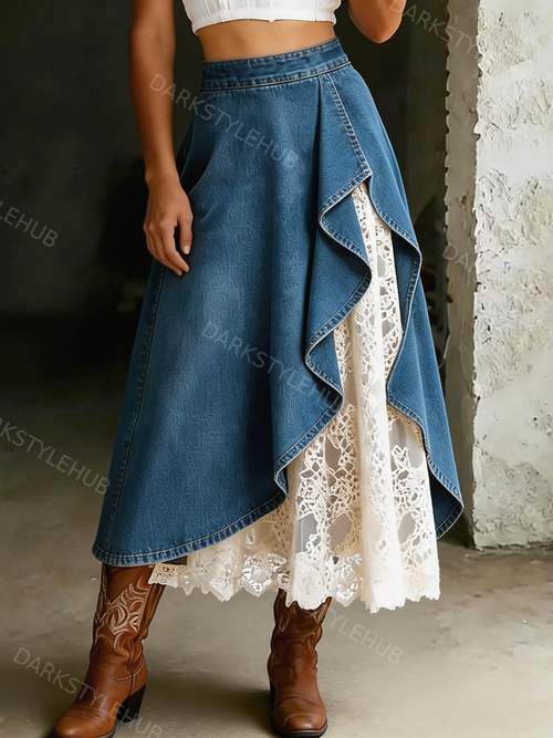 Women’s Fashion Lace Patchwork Solid Color Cozy Casual Denim Skirt