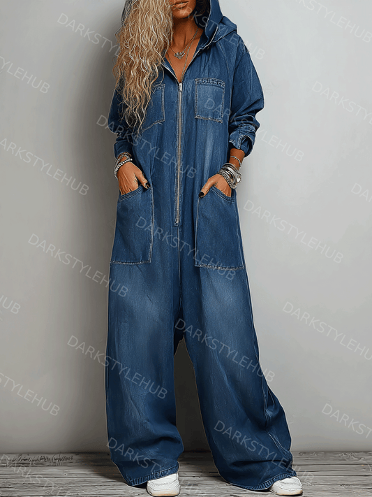 Women’s Hooded One Piece Denim Jumpsuit