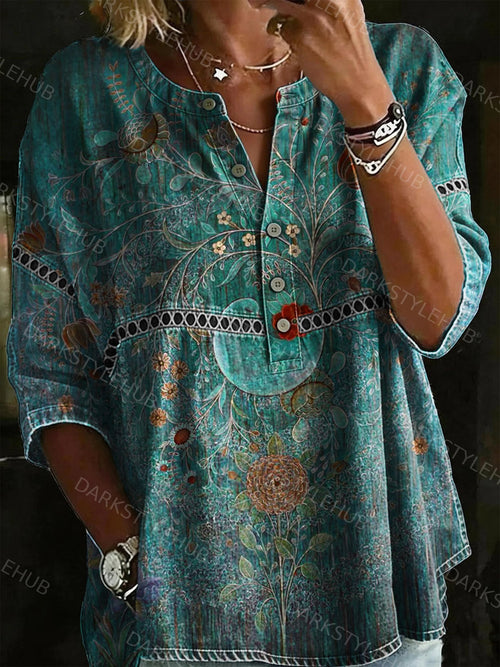 Women's Vintage Floral Print Casual Loose Denim Henley Shirt