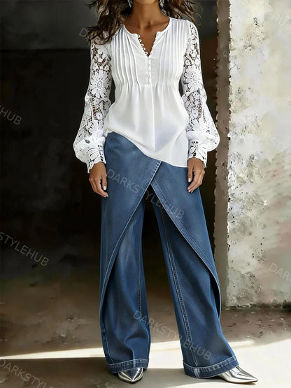 Women's Fashion High Rise Asymmetrical Button Layered Wide Leg Denim Jeans