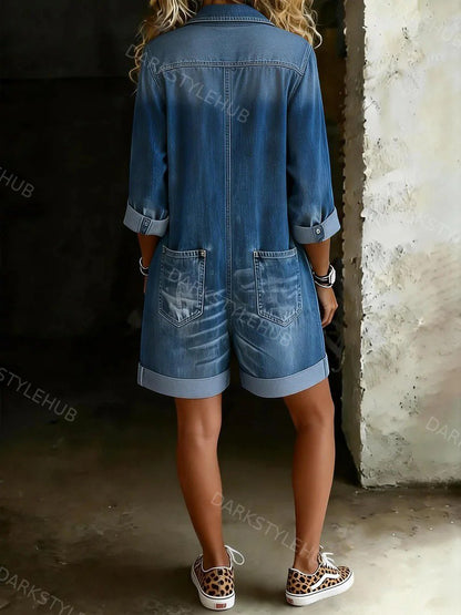 Women's Solid Color Casual Cotton Denim Jumpsuit Shorts