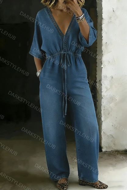 Women's Casual V-neck Loose-fitting Drawstring Waist Denim Jumpsuit