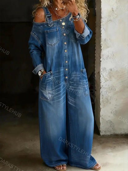 Women's Solid Color Off-shoulder Cozy Casual Cotton Denim Shirt Jumpsuit