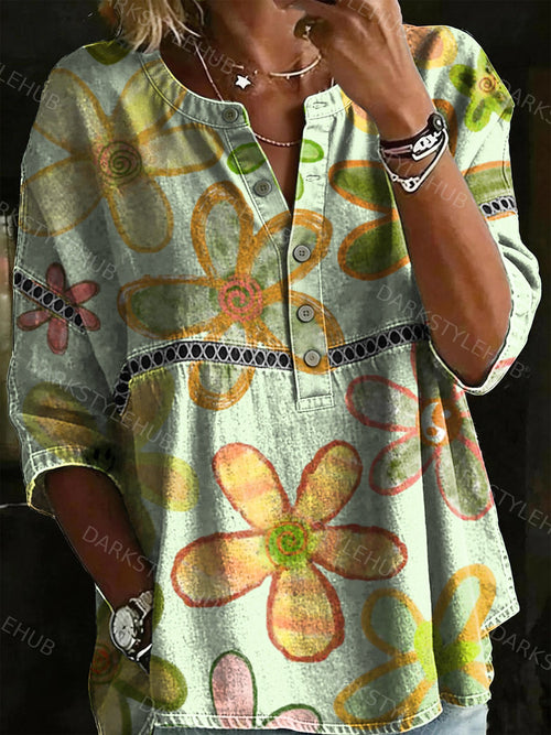 Women's Vintage Floral Print Casual Loose Denim Henley Shirt