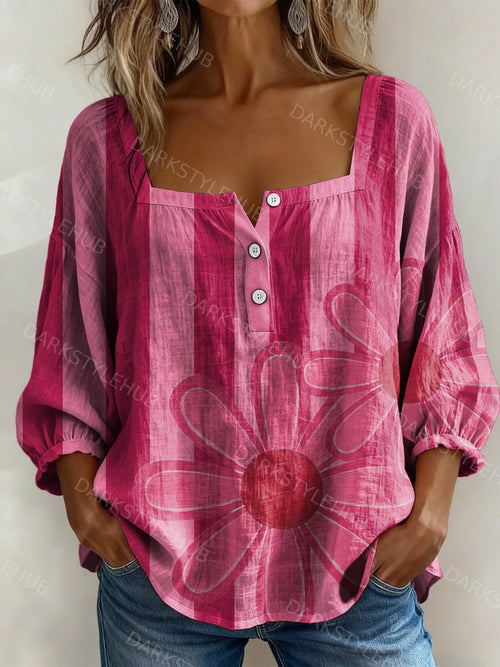 Women's Vintage Floral Print Casual Cotton Linen Shirt