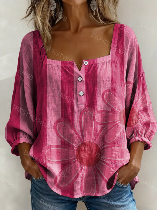 Women's Vintage Floral Print Casual Cotton Linen Shirt